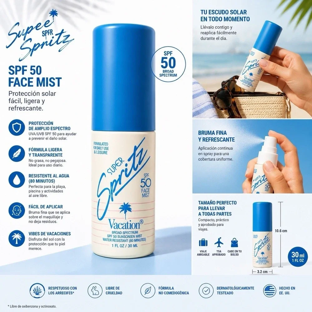 Vacation‎ Super Spritz SPF 50 Face Mist Broad Spectrum Travel Size Sunscreen